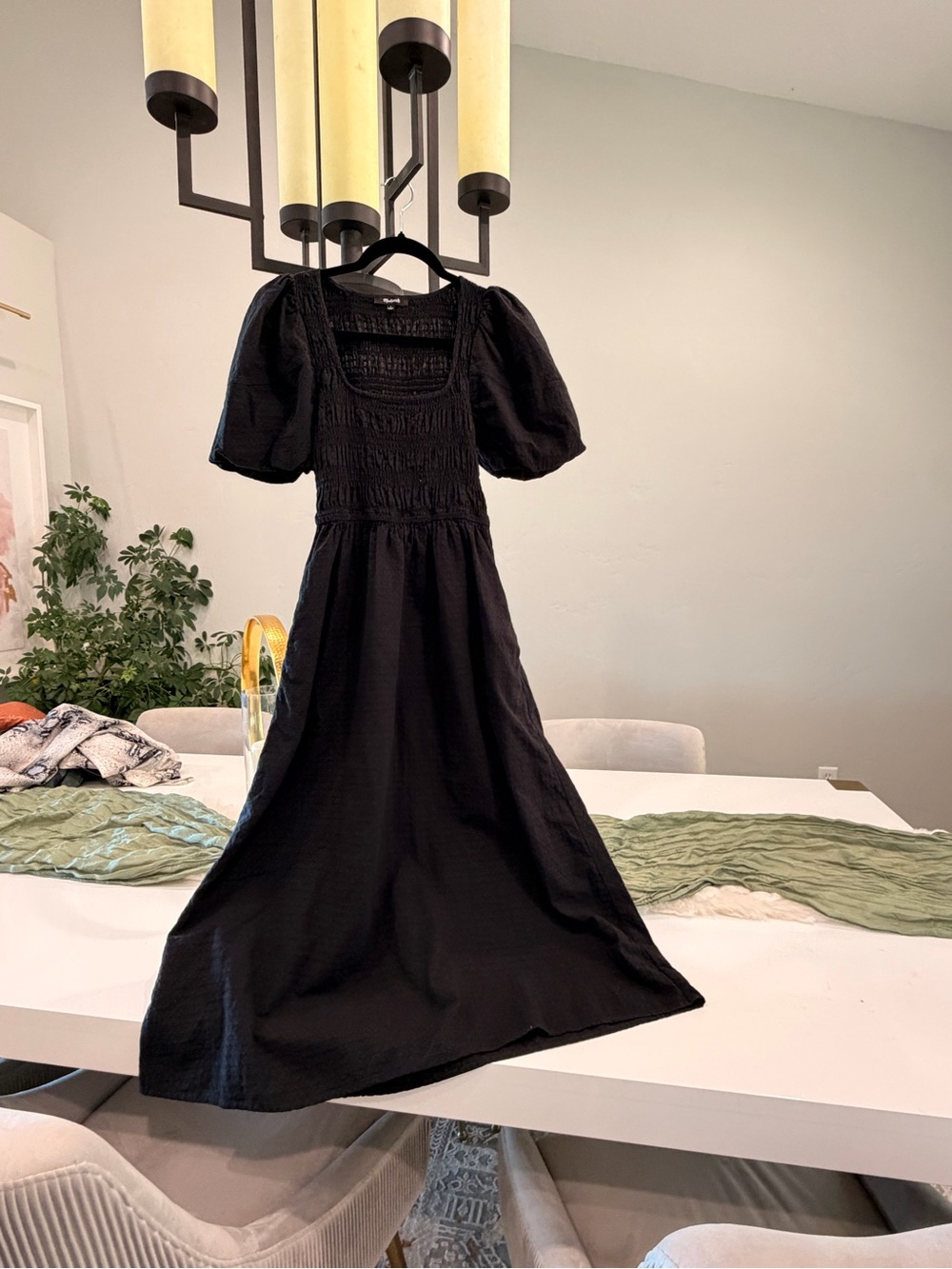 Madewell Black Smocked Puff-Sleeve Midi Dress